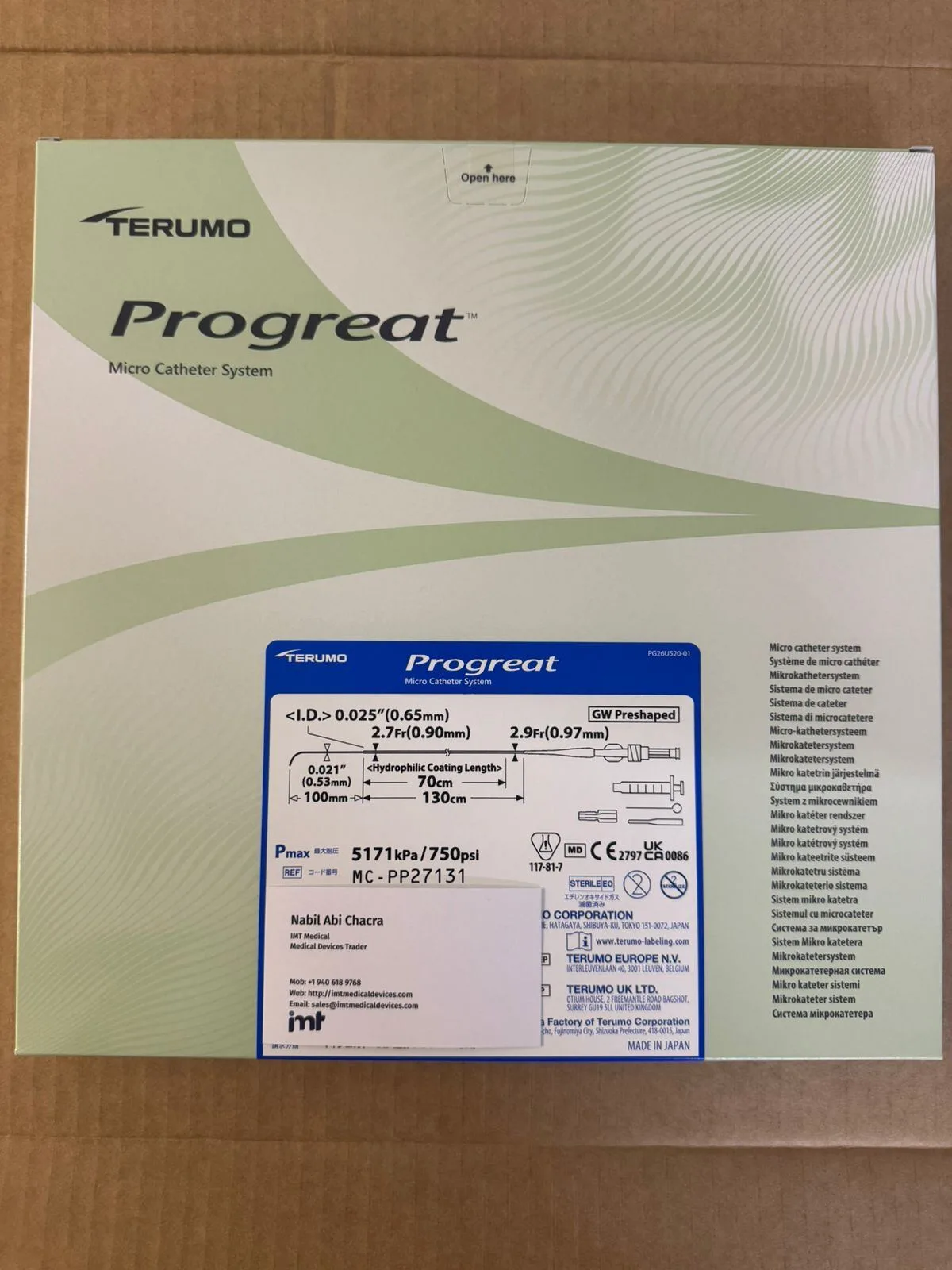 Terumo Progreat MC-PP27131 Microcatheter 2.7 Fr x 130 cm Coaxial Catheter